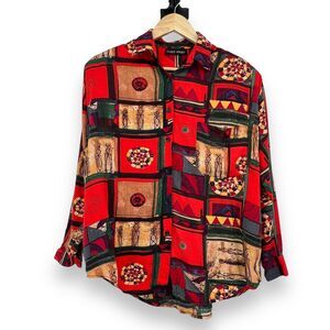 Vtg. Take Away Rayon Red Geometric Print Long Sleeve Shirt Women's S 90s 80s
